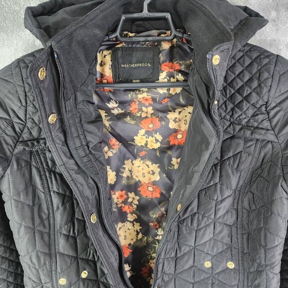 Womens Black Weatherproof Quilted Hooded Jacket w/ Floral Lining Full Zip Size M - Picture 8 of 12